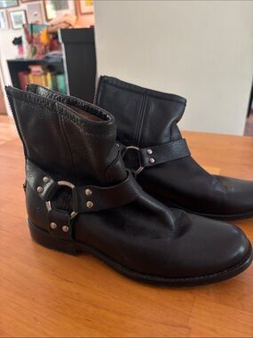 Frye Black Leather Ankle Booties with Buckle Detail